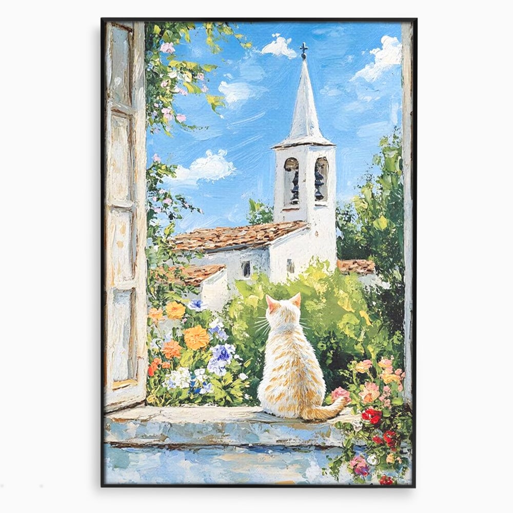 Tablou canvas cu tablou pictura cu pisica alba si biserica, in rama de aluminiu negru